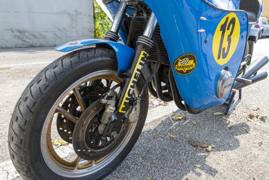 TERNI,ITALY SEPTEMBER 18 2020:detail of a vintage Kawasaky 500 motorcycle