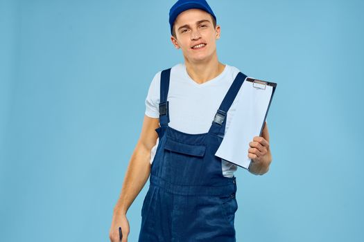 Delivery service man worker rendering service blue background. High quality photo