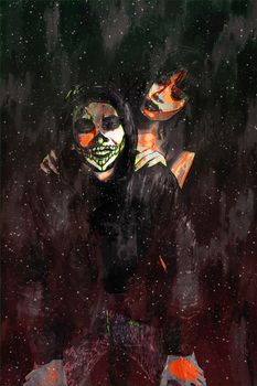 Digital painting of male and female zombie, man and woman with blood illustration, halloween picture conception