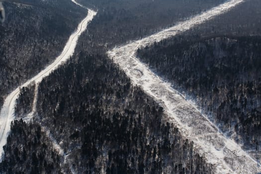 View from above. Agricultural fields in winter.