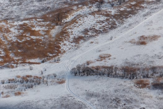 View from above. Agricultural fields in winter.