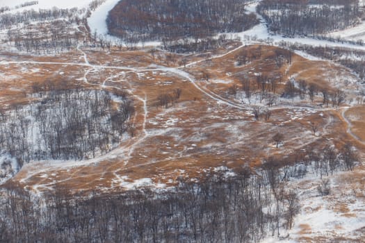 View from above. Agricultural fields in winter.