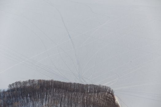 View from above. Agricultural fields in winter.