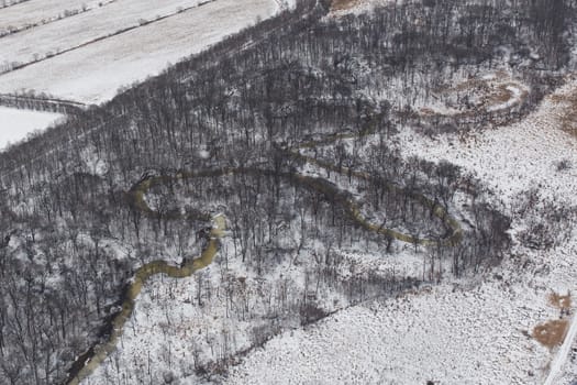 View from above. Agricultural fields in winter.