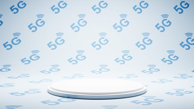 Empty White Platform on Blue 5G Pattern Studio Background 3D Render Illustration