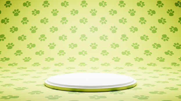 Empty White Platform on Green Pet Footprint Symbol Pattern Studio Background 3D Render Illustration