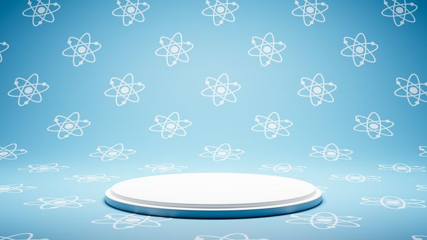 Empty White Platform on Blue and White Atom Symbol Pattern Studio Background 3D Render Illustration