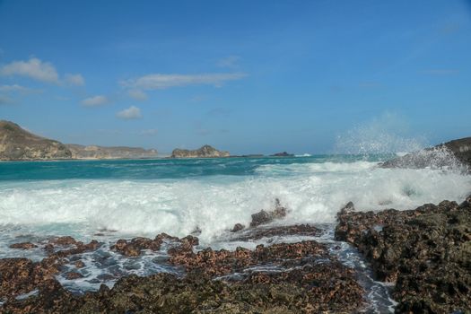 Dramatic coastline and beach on the Marese hill in Tanjung Aan, near Kuta, in south Lombok in Indonesia.