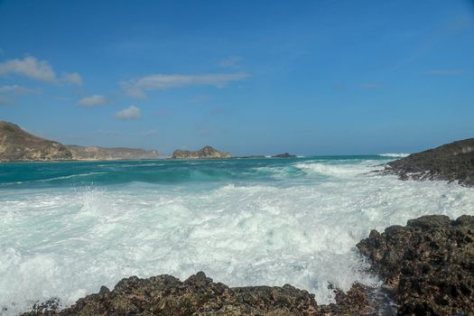 Dramatic coastline and beach on the Marese hill in Tanjung Aan, near Kuta, in south Lombok in Indonesia.