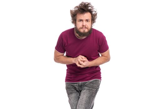 Crazy bearded modest and embarrassed Man with funny Haircut, isolated on white background. He is Shy and looking in camera with doubt. Emotions and signs concept.