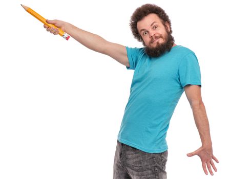 Crazy bearded Man with funny Curly Hair holding Big Pencil, isolated on white background. Happy Guy pointing something and looking in camera.