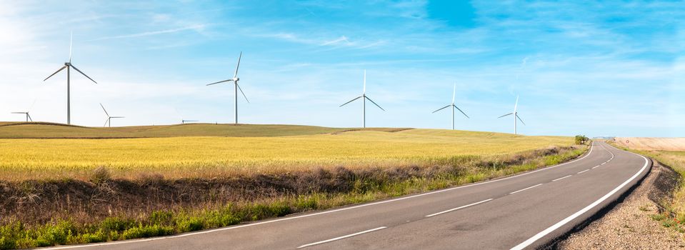 Wind turbine on green and yellow field. Empty road in foreground, blue
sky with clouds in background. Alternative energy source, production
and power generation. Ecology and freedom concept. Panorama.