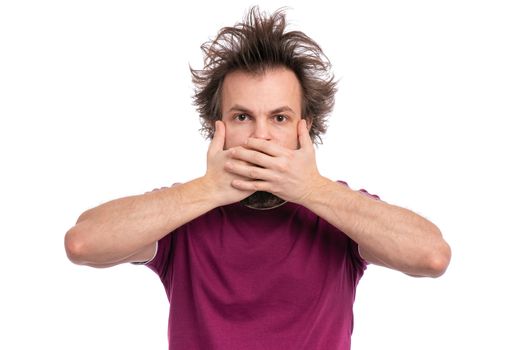 I do not see, do not speak, can not hear anything - portrait of Crazy bearded Man. Guy with funny Haircut isolated on white background.