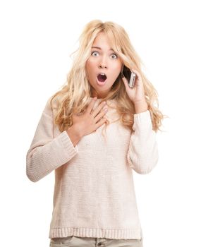 Young woman talking on phone isolated on white background. Pretty blonde girl getting bad or sensation news with open face reaction and expression of shock and surprise.