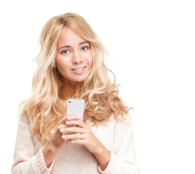 Portrait of beautiful smiling girl with modern cell phone in hands isolated on white background. Young happy woman making call or typing text message. Social person. Communication and technology