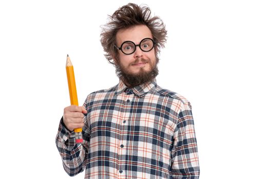 Crazy bearded Man in plaid shirt with funny Haircut in eye Glasses holding Big Pencil, isolated on white background.