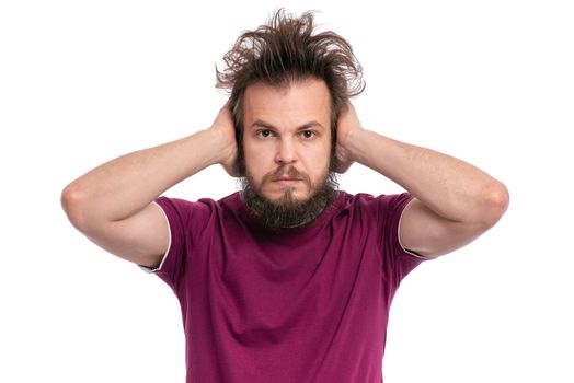 I do not see, do not speak, can not hear anything - portrait of Crazy bearded Man. Guy with funny Haircut isolated on white background.