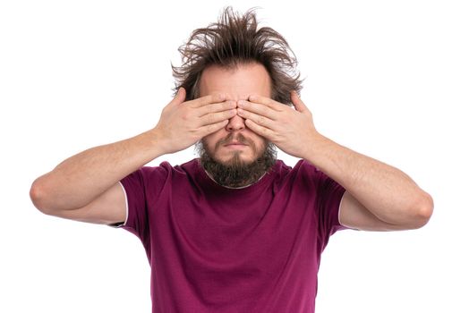 I do not see, do not speak, can not hear anything - portrait of Crazy bearded Man. Guy with funny Haircut isolated on white background.