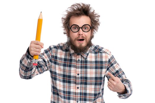 Crazy bearded Man in plaid shirt with funny Haircut in eye Glasses holding Big Pencil, isolated on white background.