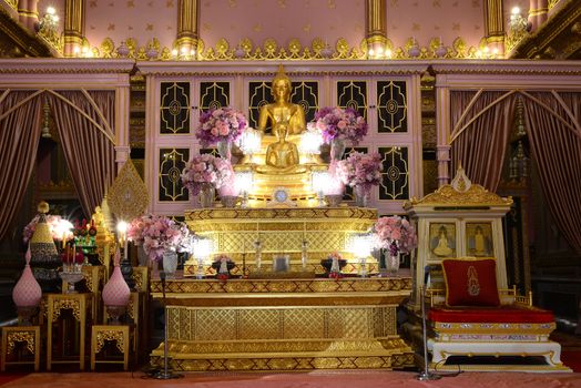BANGKOK, THAILAND -JANUARY 30, 2020: phra Buddha pradipavarodaya and Phra Buddha Angkhiros Noi The principle Buddha scuplture in the ordination hall at Wat Ratchabophit