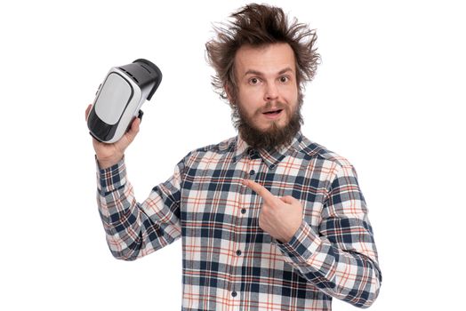 Crazy bearded Man in plaid shirt with funny Haircut wearing virtual reality helmet, isolated on white background. Portrait of funny man using VR goggles.