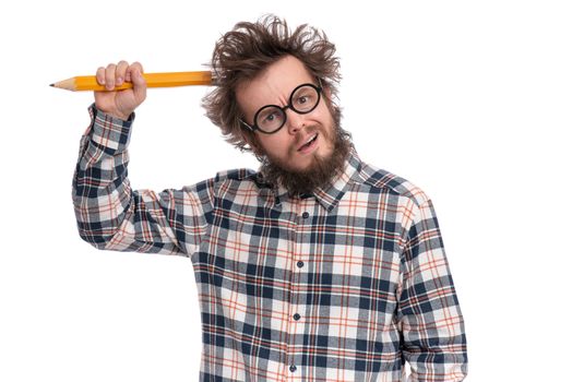 Crazy thoughtful bearded Man in plaid shirt with funny Haircut in eye Glasses holding Big Pencil - ponder and dreaming, isolated on white background.