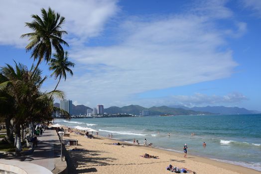 NHA TRANG, VIETNAM – 29 FEBRUARY 2020 : Nha Trang beaches are spread out around the beach resort city, offering a myriad of sightseeing and recreational activities for visitors