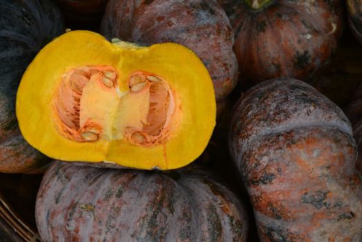 Group of pumpkin Sell in fresh food market, note  select focus with shallow depth of field

