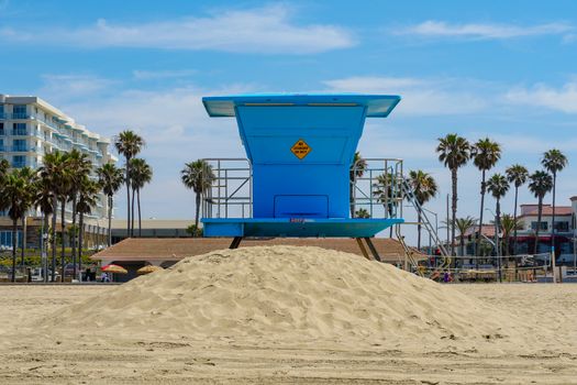 Lifeguard tower on the Huntington Beach during sunny day. Southeast Los Angeles, California. USA,