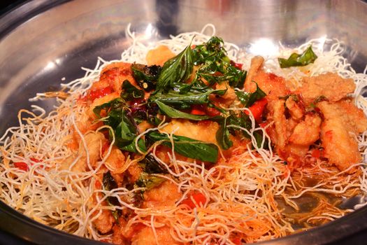 crisp fried noodles with Snappers fish, thai food