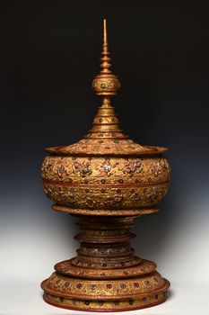 Vintage Large Burmese lacquered vessel with gilded gold and glass, Stupa shape lacquerware. Traditional Buddhist food offering vessel 