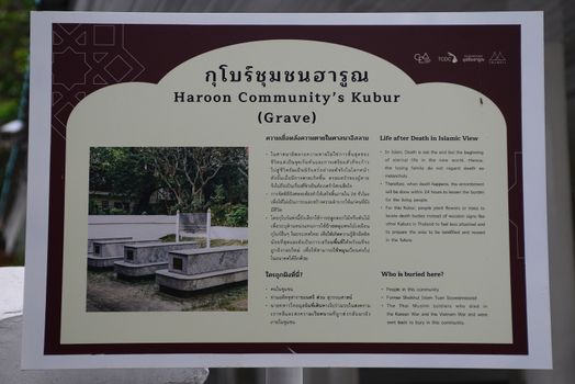 BANGKOK, THAILAND – 22 MAY 2020 : Description board of Haroon Community's kubur (grave)