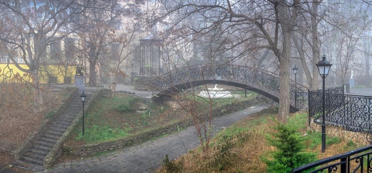 Odessa, Ukraine 11.28.2019.   Old town corner in Odessa, Ukraine, on a foggy autumn day