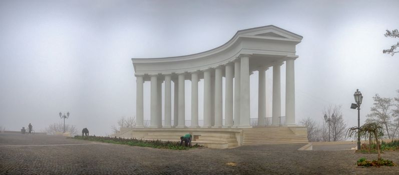 Odessa, Ukraine 11.28.2019.   Vorontsov Colonnade in Odessa, Ukraine, on a foggy autumn day
