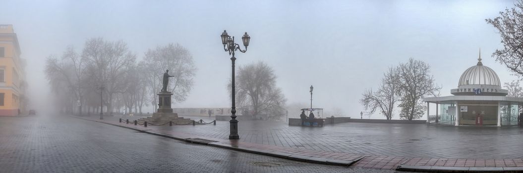 Odessa, Ukraine 11.28.2019.   Primorsky Boulevard in Odessa, Ukraine, on a foggy autumn day