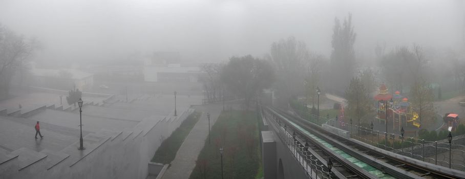 Odessa, Ukraine 11.28.2019.   The Potemkin Stairs on Primorsky Boulevard in Odessa, Ukraine, on a foggy autumn day