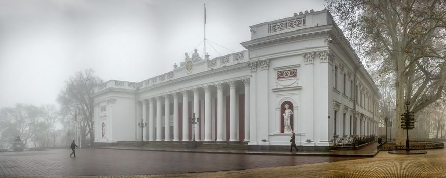 Odessa, Ukraine 11.28.2019.  City hall municipality building on Primorsky Boulevard in Odessa, Ukraine, on a foggy autumn day