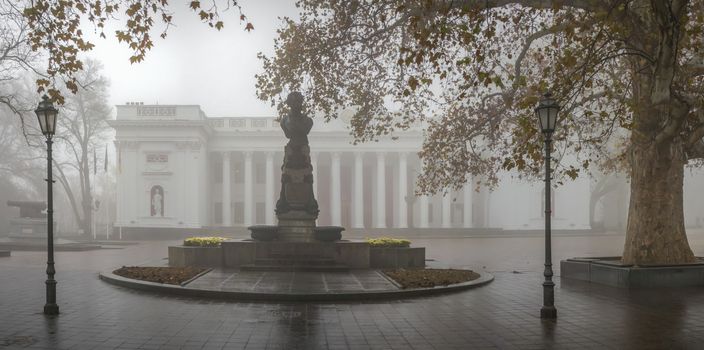 Odessa, Ukraine 11.28.2019.  Monument to Alexander Pushkin on Primorsky Boulevard in Odessa, Ukraine, on a foggy autumn day