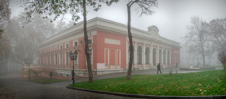 Odessa, Ukraine 11.28.2019.  Maritime Museum on Primorsky Boulevard in Odessa, Ukraine, on a foggy autumn day