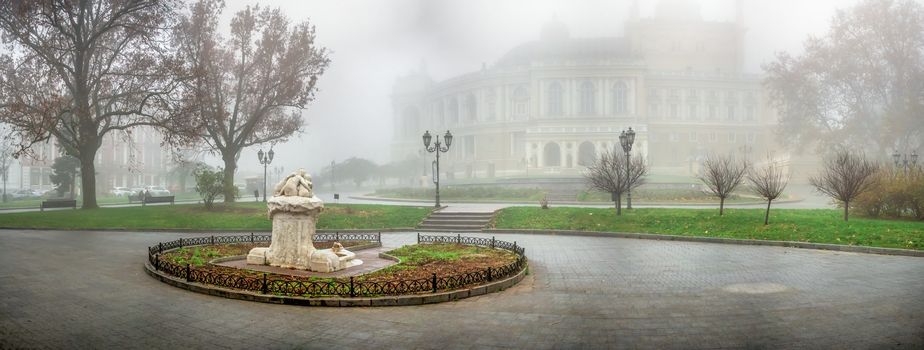 Odessa, Ukraine 11.28.2019.  Theatre square in Odessa, Ukraine, on a foggy autumn day