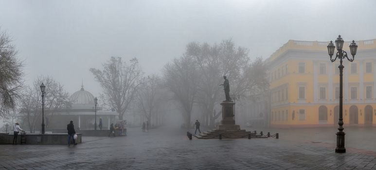 Odessa, Ukraine 11.28.2019.   Primorsky Boulevard in Odessa, Ukraine, on a foggy autumn day