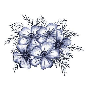 Blue Hand-Drawn Isolated Flower Composition. Monochrome Botanical Plant Illustration in Sketch Style. Thin-leaved Marigolds for Print, Tattoo, Design, Holiday, Wedding and Birthday Card.