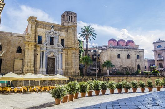 city of palermo plaza bellini on the left church of santa mara dell ammiraglio and on the right a jewel of a norman arabic style of the twelfth century the church of san cataldo with its three red tops