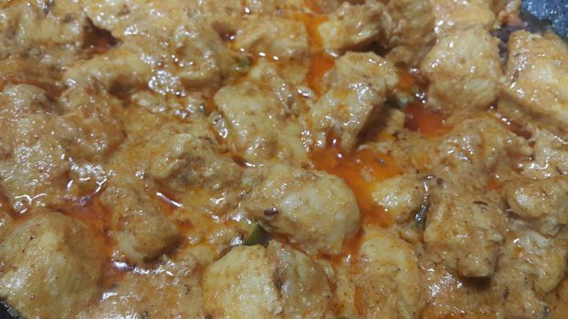 A close up view of stewed chicken meat cubes with spices on it, a traditional home made delicious chicken meat dish