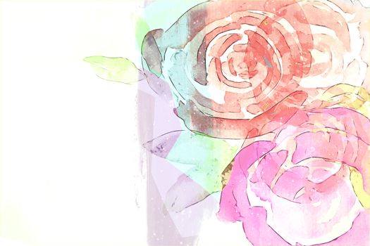 Watercolor painting of pink and red roses with green leaves on white background