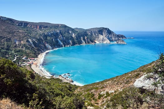 Rocky coast and beach at Petani Bay on the island of Kefalonia in Greece