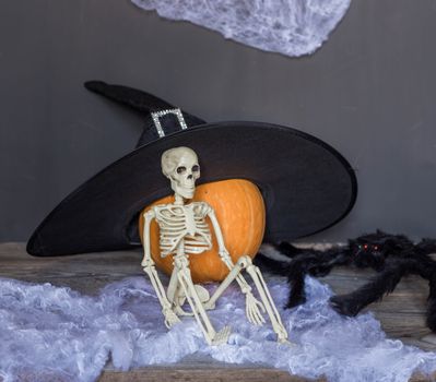 Skeleton With Pumpkin, happy halloween background.
