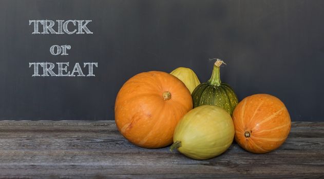 Trick or treat greeting text over dark wooden and Blackboard background.