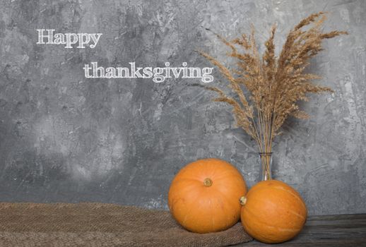 Happy Thanksgiving greeting text with colorful pumpkins over dark wooden and Blackboard background