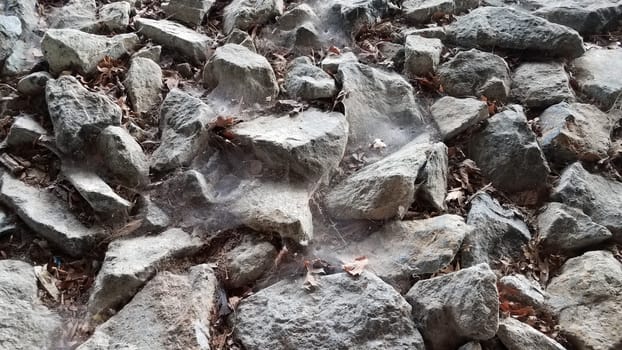 pile of grey rocks or stones or boulders with spider webs